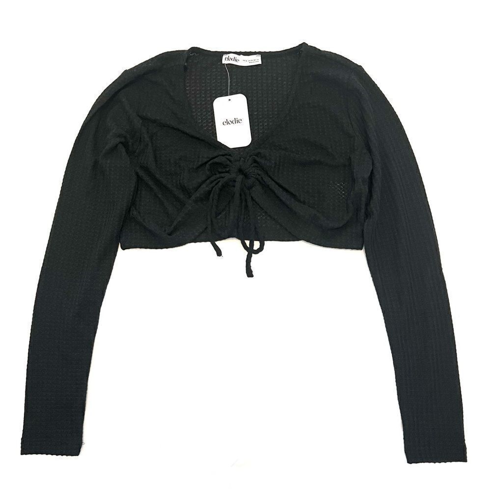 Elodie Women’s Black Waffle Knit Tie Front Long Sleeve Crop Top Size M & XL